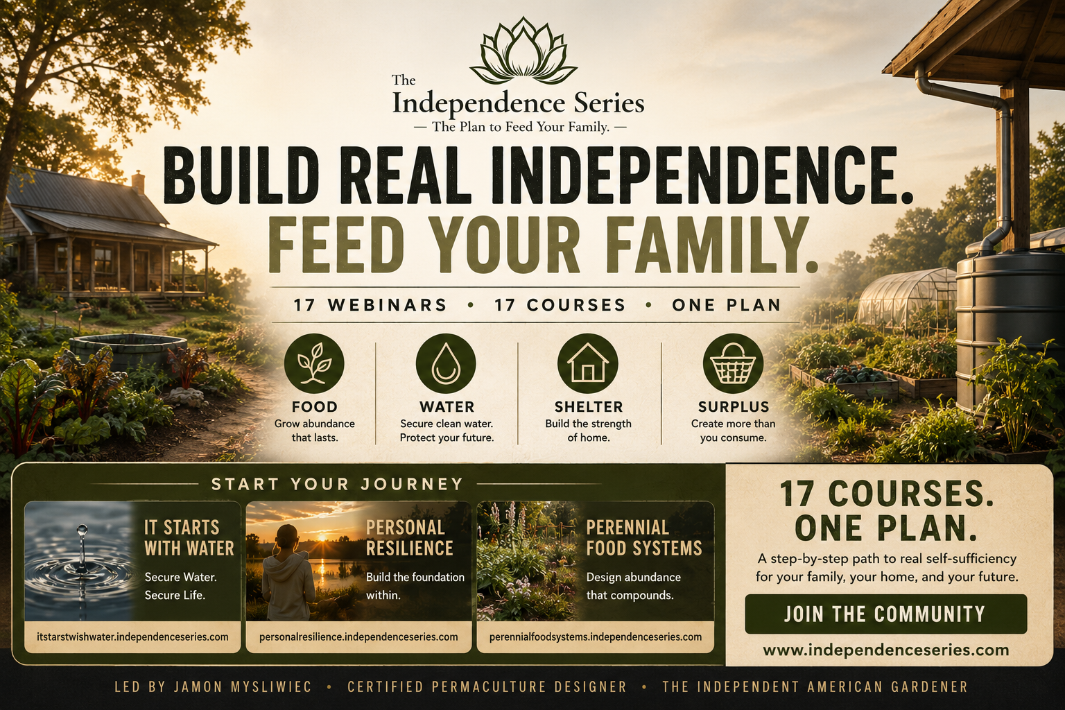 Build Real Independence. Feed Your Family. The Independence Series — 17 webinars, 17 courses, one plan across Food, Water, Shelter and Surplus. Three live courses now open: It Starts With Water, Personal Resilience, and Perennial Food Systems. Led by Jamon Mysliwiec, Certified Permaculture Designer.